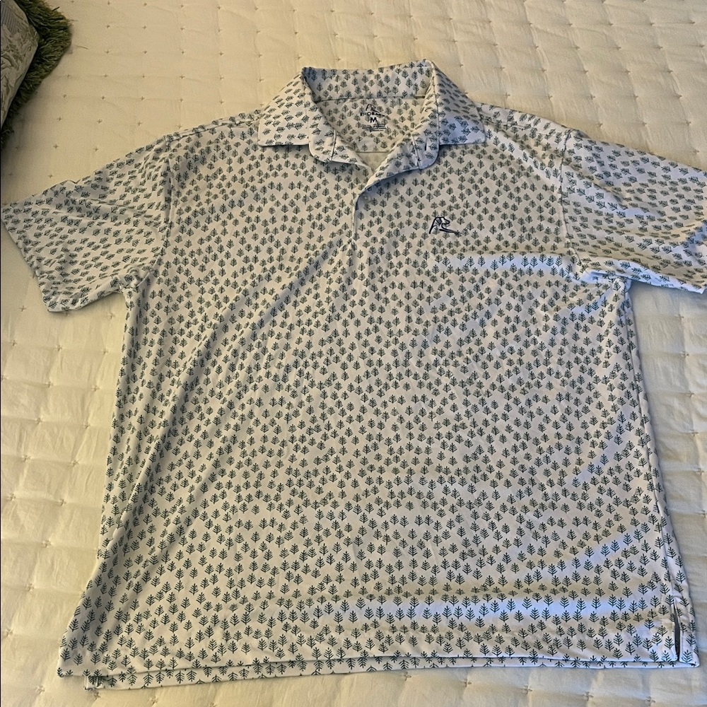 Rhoback Polo with Blue Leaf Pattern on White